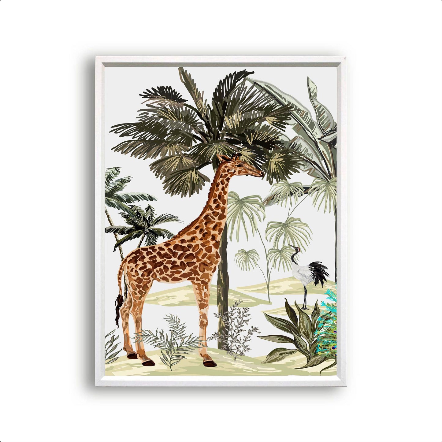 Jungle Giraf en Kraanvogel Aquarel / Waterkleur Links - Jungle Dieren
