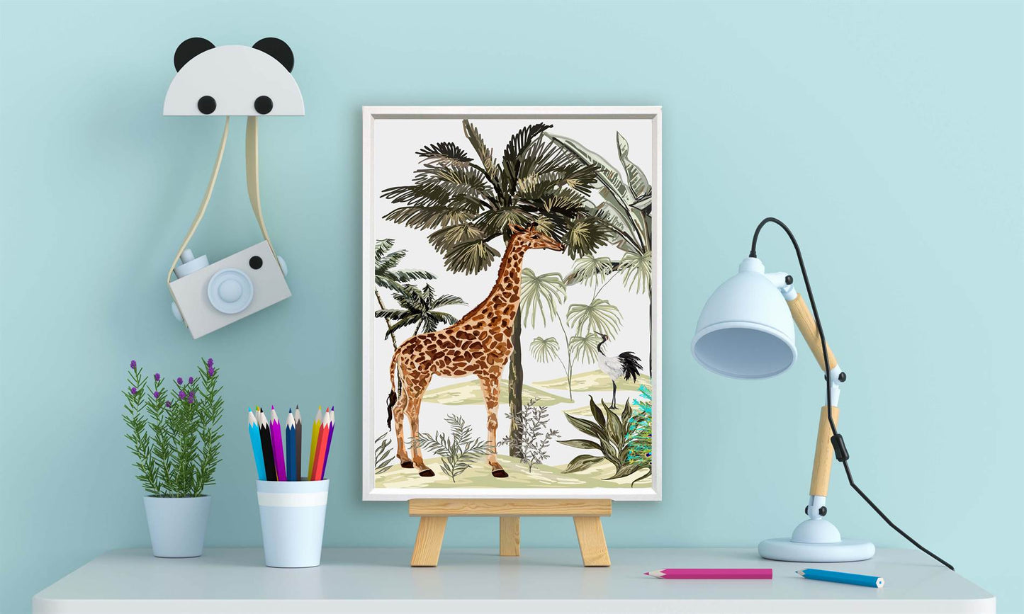 Jungle Giraf en Kraanvogel Aquarel / Waterkleur Links - Jungle Dieren