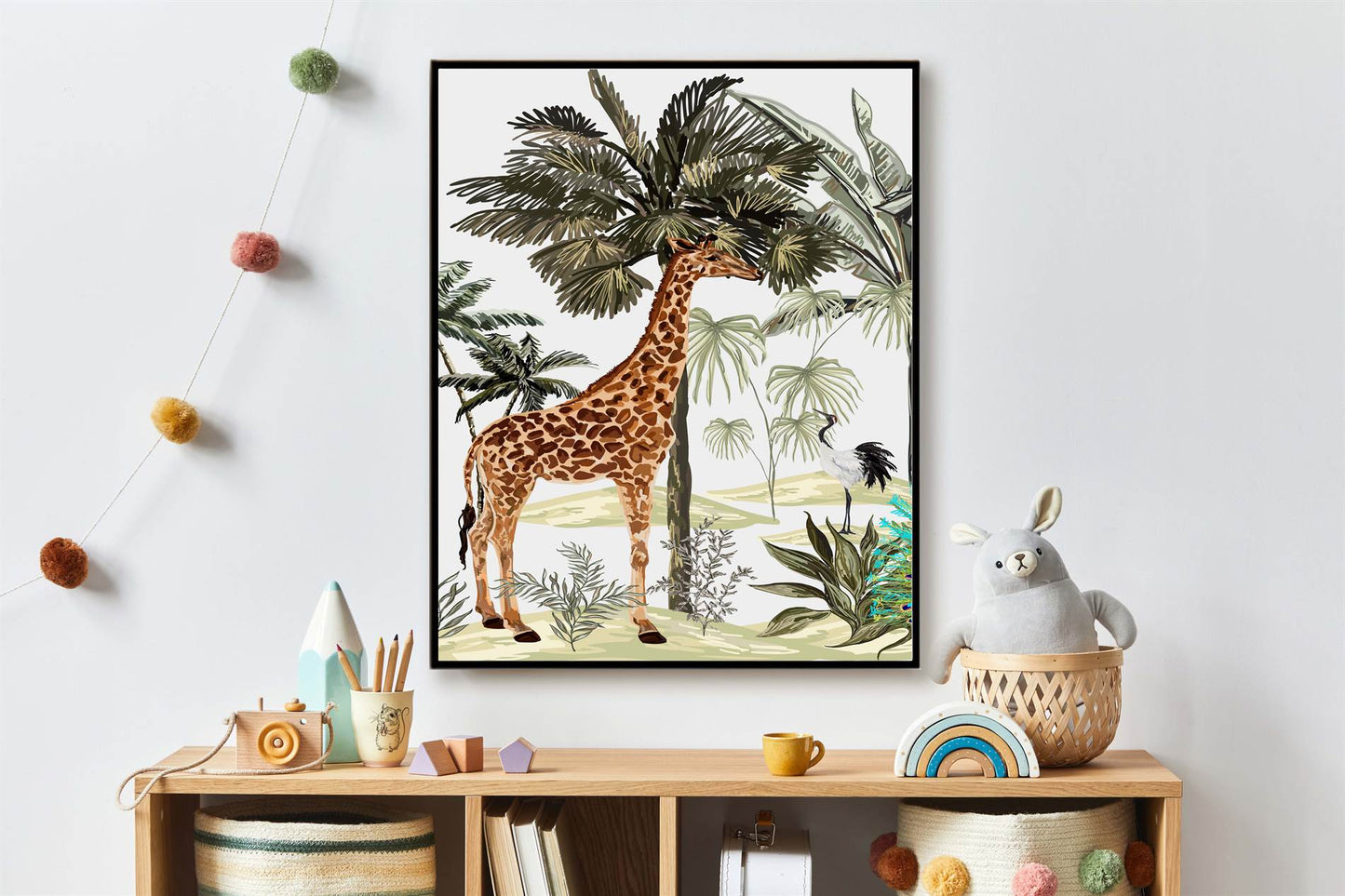 Jungle Giraf en Kraanvogel Aquarel / Waterkleur Links - Jungle Dieren