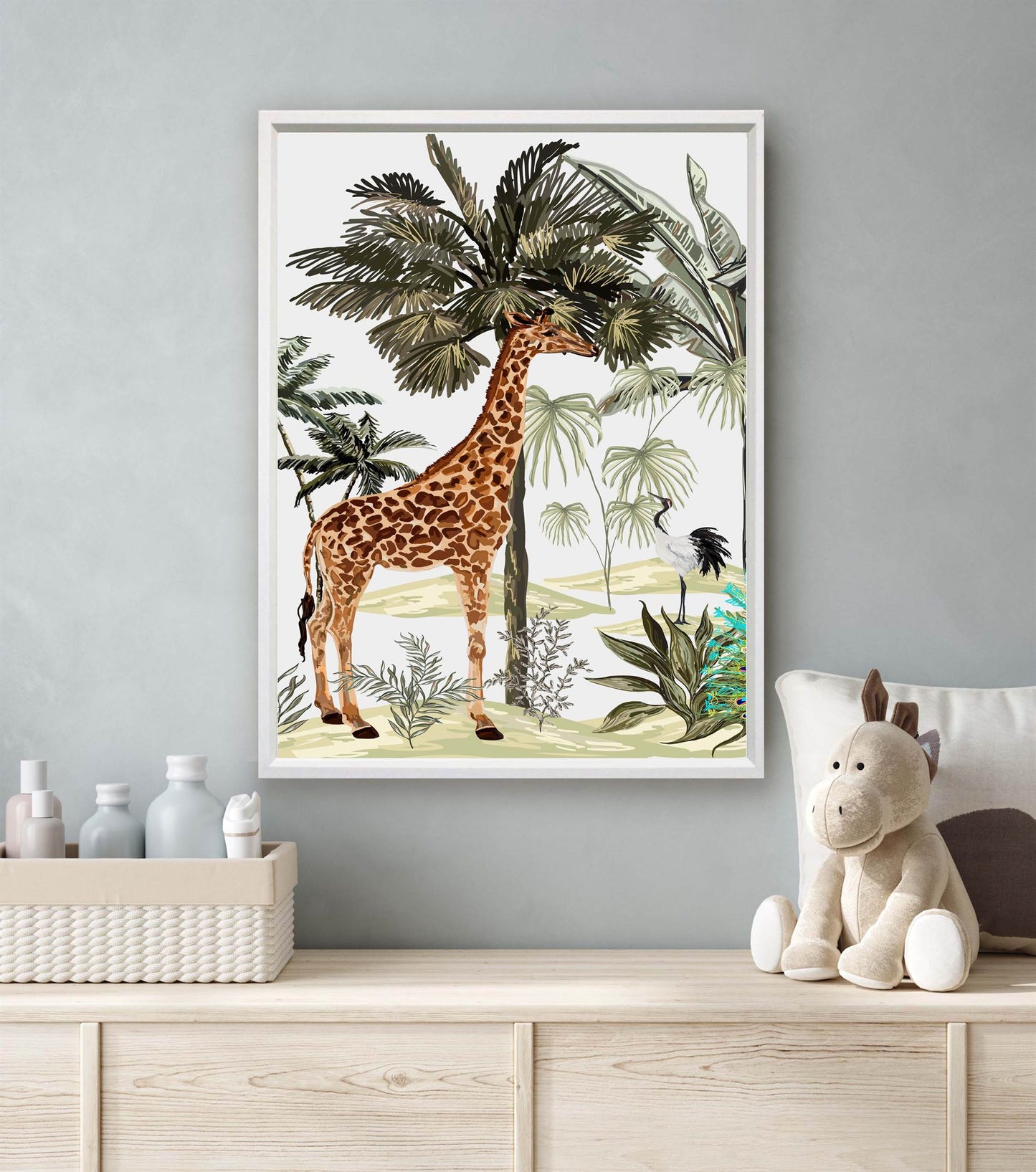 Jungle Giraf en Kraanvogel Aquarel / Waterkleur Links - Jungle Dieren