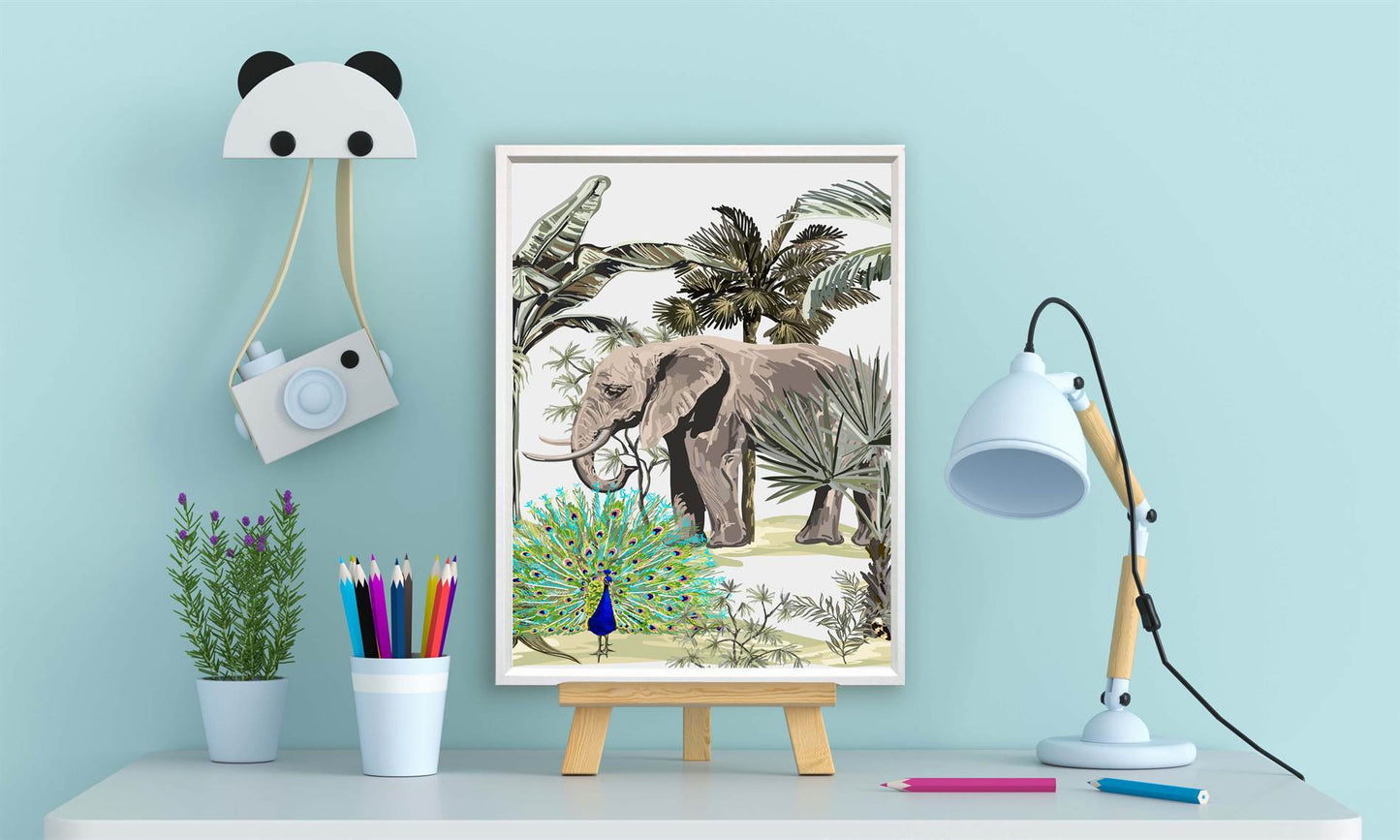 Jungle Olifant en Pauw Aquarel / Waterkleur Midden - Jungle Dieren