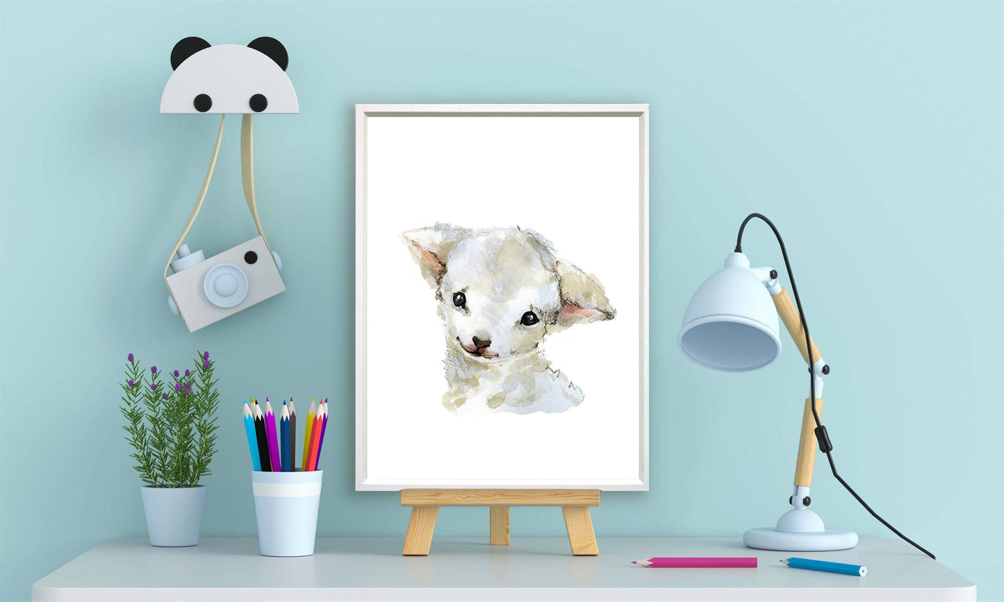 Aquarel dieren schaapje / lammetje - Bos en boerderij