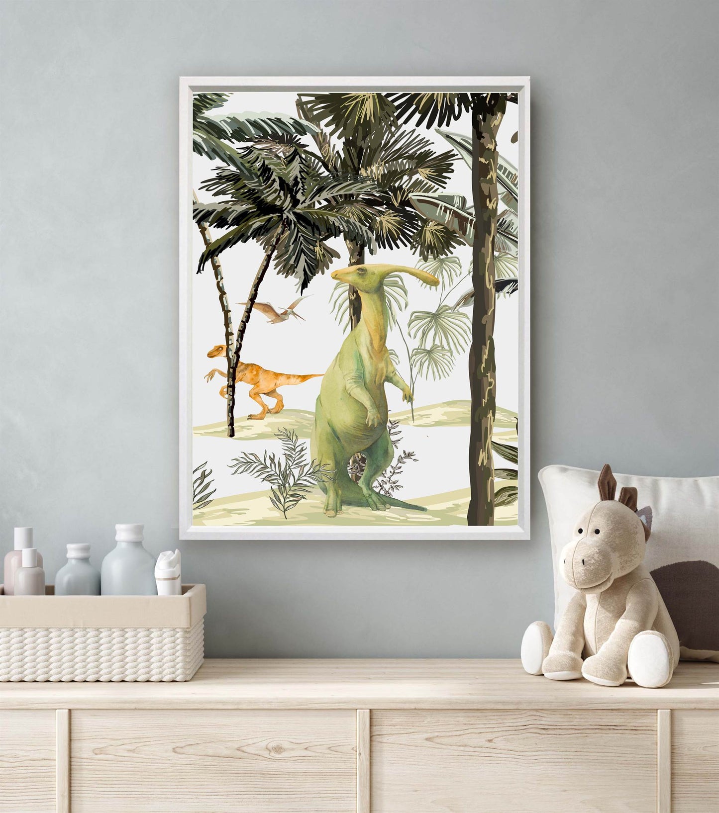 Jungle Dinosaurs Raptor en Dino Aquarel / Waterkleur Links - Dinosaurus Poster