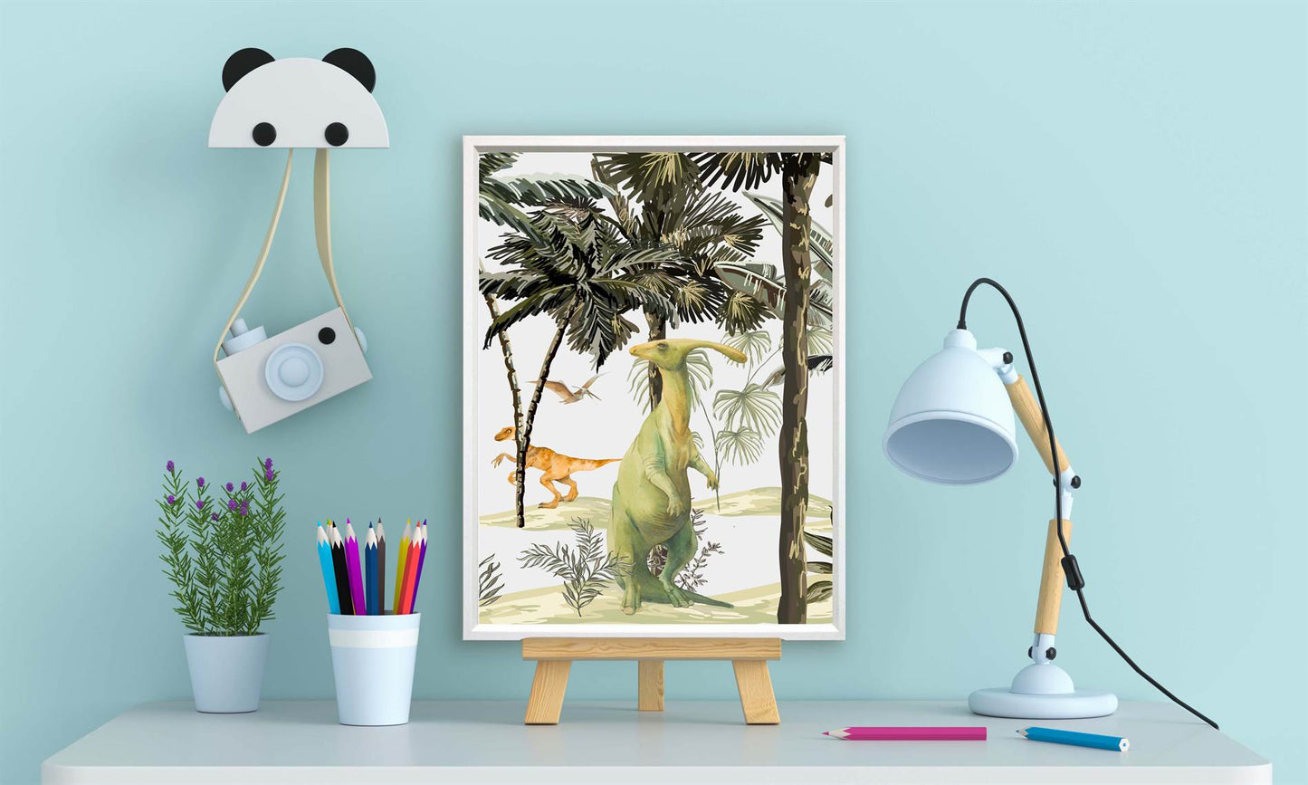 Jungle Dinosaurs Raptor en Dino Aquarel / Waterkleur Links - Dinosaurus Poster