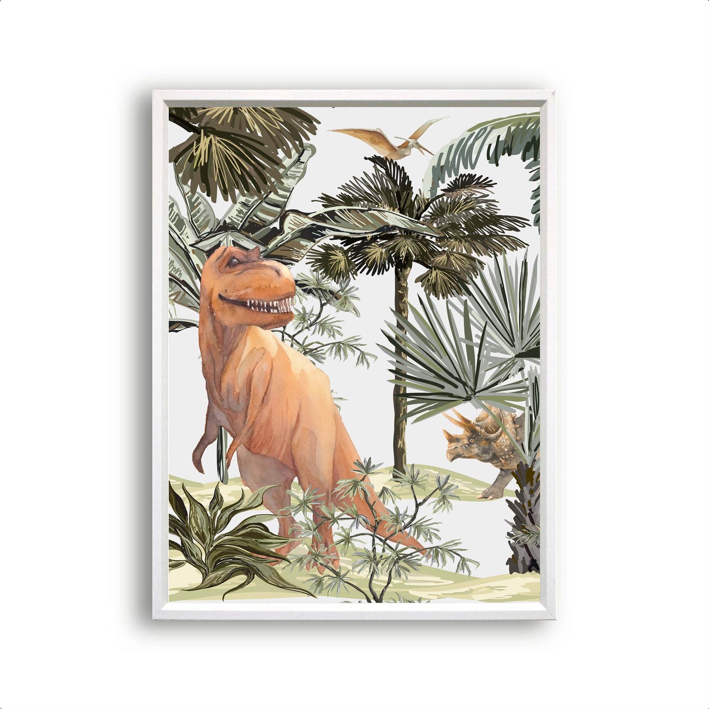 Jungle Dinosaurs Trex Triceratops Aquarel / Waterkleur Midden - Dinosaurus Poster