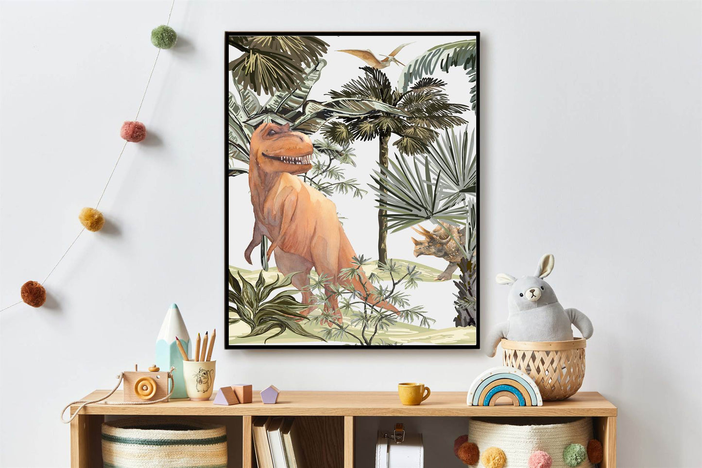 Jungle Dinosaurs Trex Triceratops Aquarel / Waterkleur Midden - Dinosaurus Poster