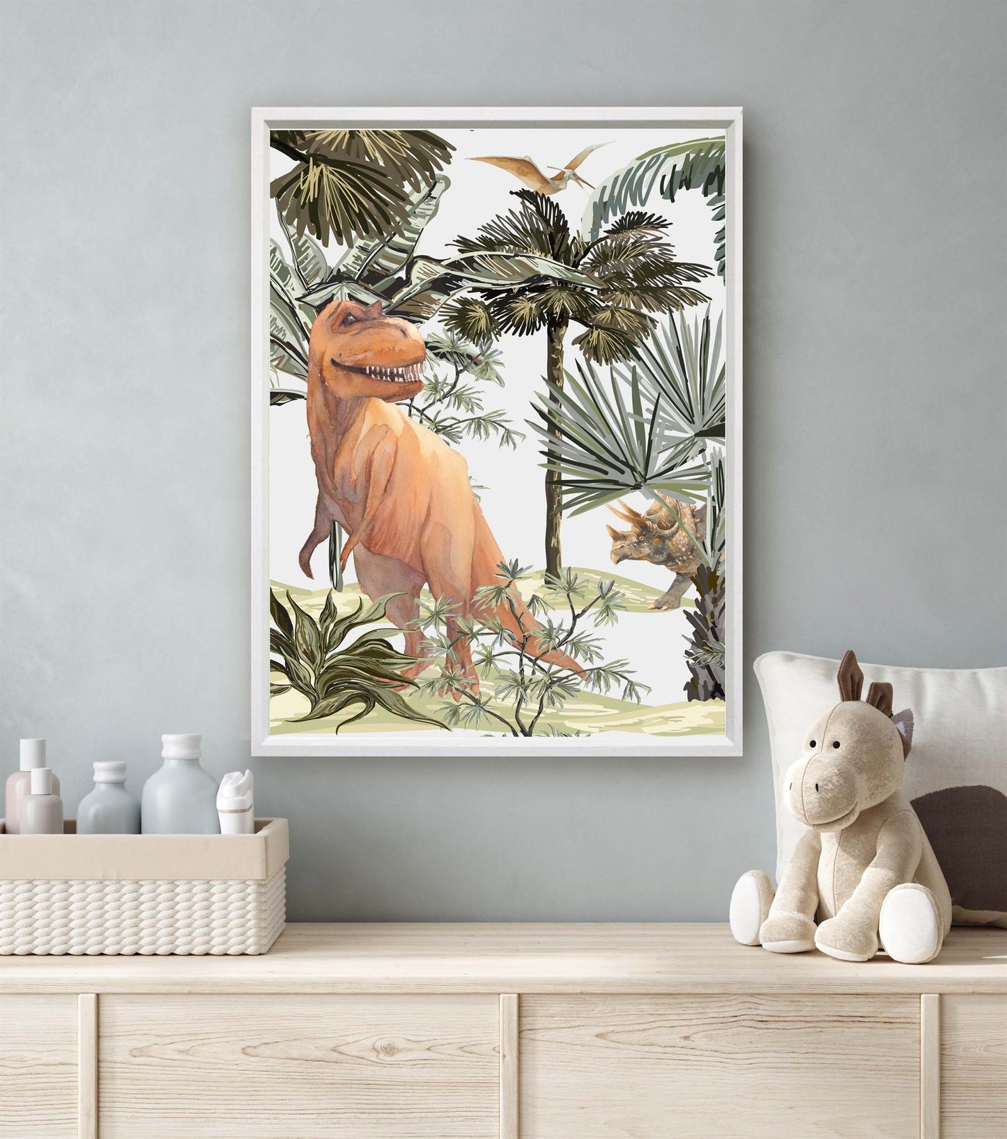 Jungle Dinosaurs Trex Triceratops Aquarel / Waterkleur Midden - Dinosaurus Poster