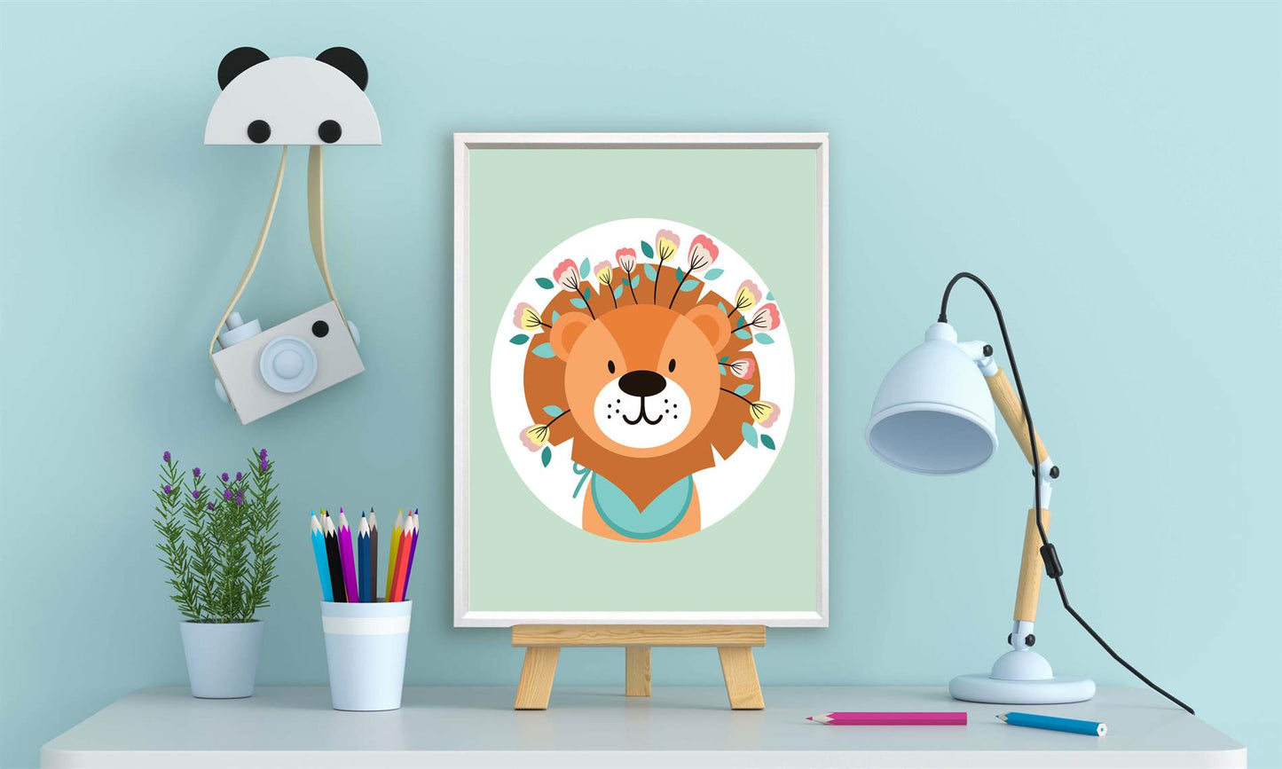 Lieve leeuw met bloemetjes groen - Dieren met bloemetjes