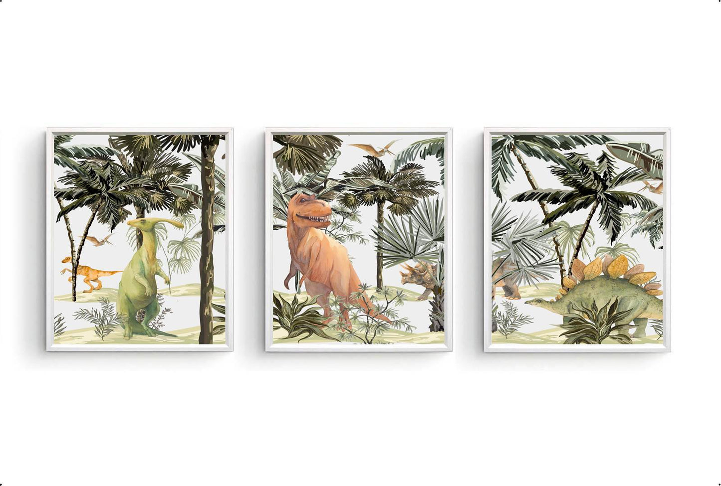 Jungle Dinosaurs Trex Triceratops Aquarel / Waterkleur Midden - Dinosaurus Poster