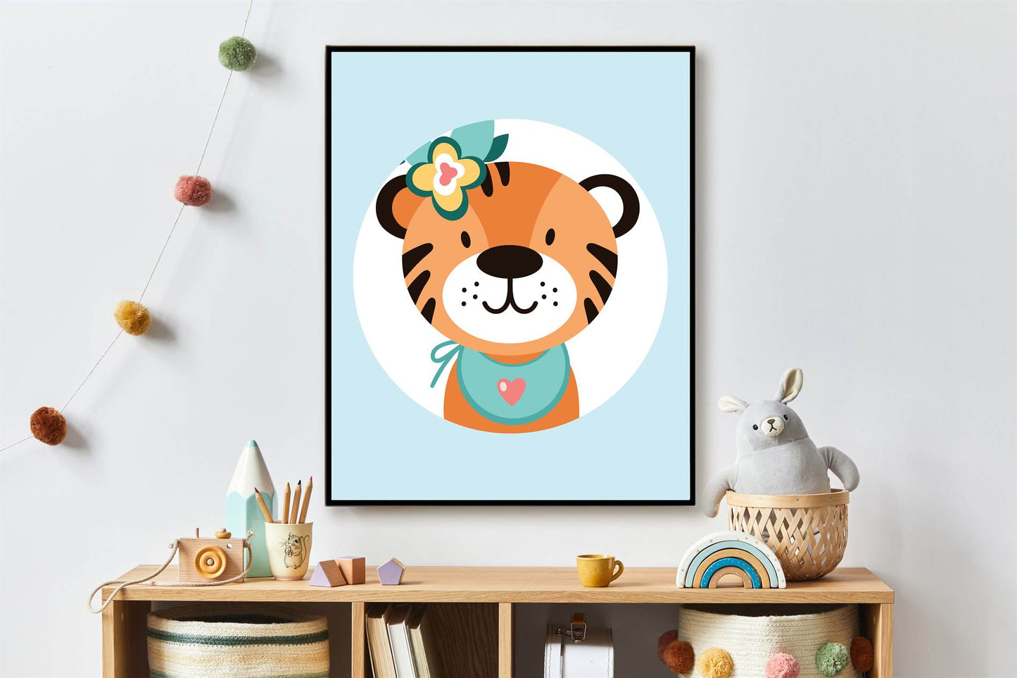 Lieve tijger met bloemetjes blauw - Dieren met bloemetjes