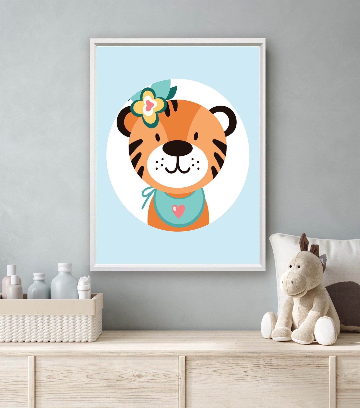Lieve tijger met bloemetjes blauw - Dieren met bloemetjes