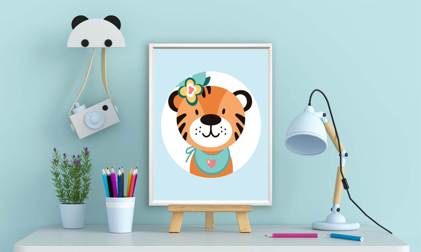 Lieve tijger met bloemetjes blauw - Dieren met bloemetjes