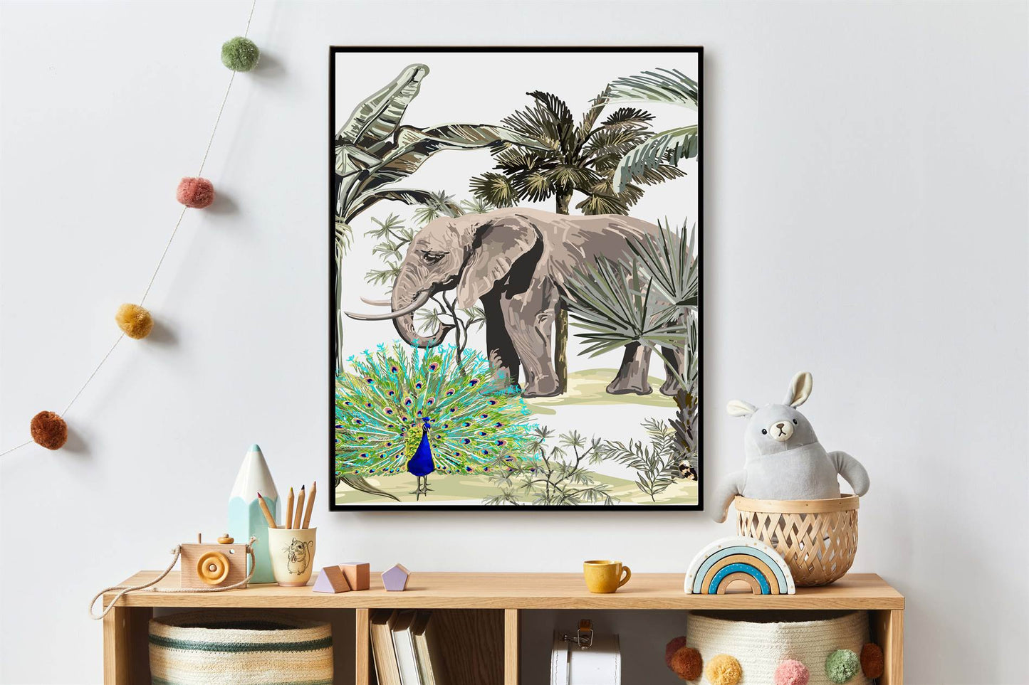 Jungle Olifant en Pauw Aquarel / Waterkleur Midden - Jungle Dieren