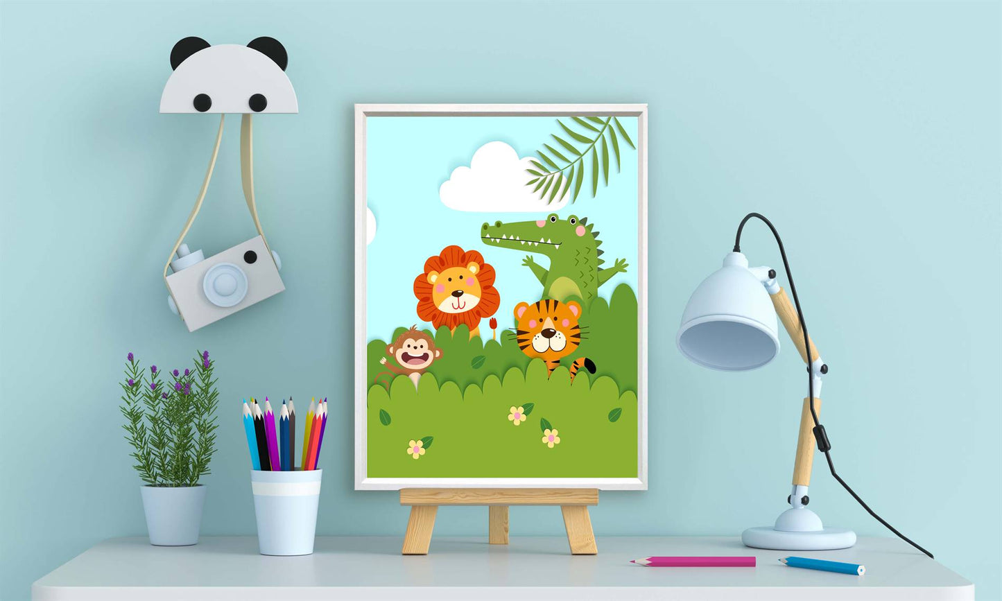 Leeuw tijger en aapje in de bosjes - Dieren in de bosjes